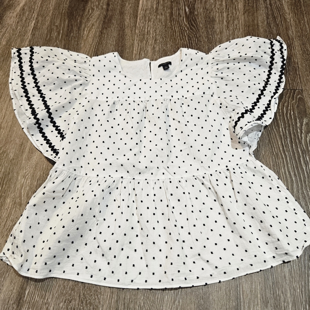 Ann Taylor Top Small Petite Dot Trimmed Blouse